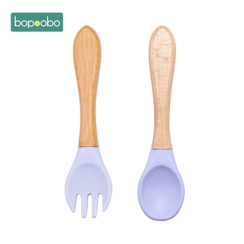 Bopoobo 2PCS Baby Bamboo Fork Silicone Wooden Baby Feeding Spoon Toddlers Infant Feeding Accessories Organic BPA Free Food Grade