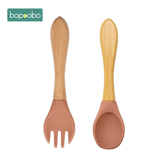 Bopoobo 2PCS Baby Bamboo Fork Silicone Wooden Baby Feeding Spoon Toddlers Infant Feeding Accessories Organic BPA Free Food Grade