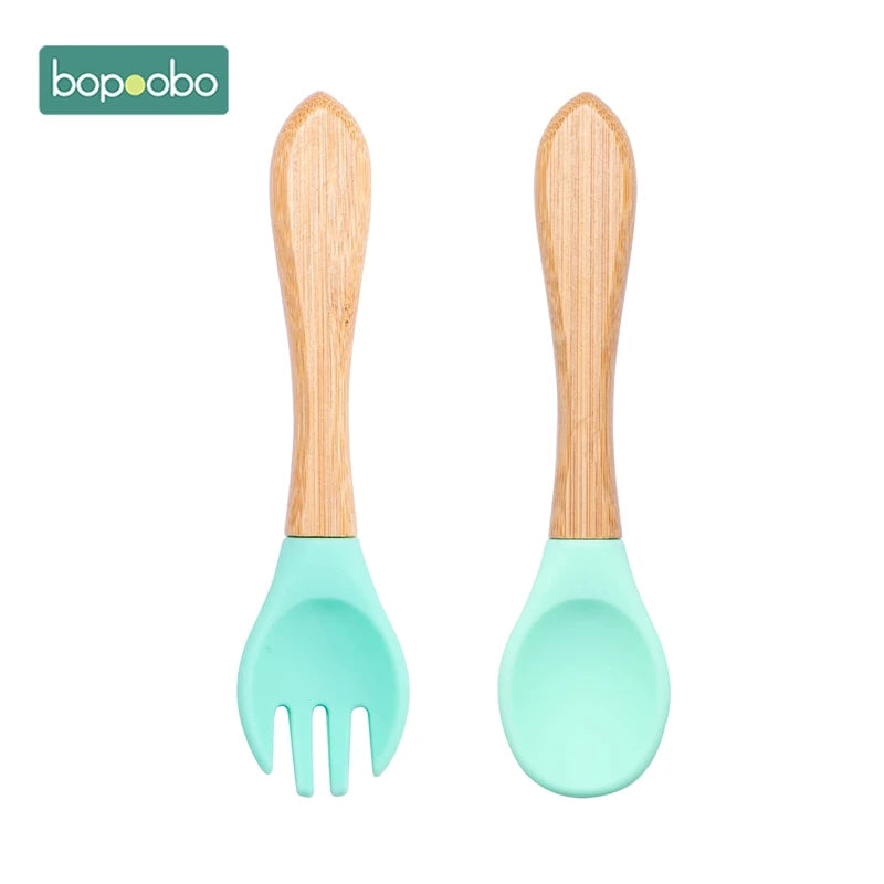 Bopoobo 2PCS Baby Bamboo Fork Silicone Wooden Baby Feeding Spoon Toddlers Infant Feeding Accessories Organic BPA Free Food Grade