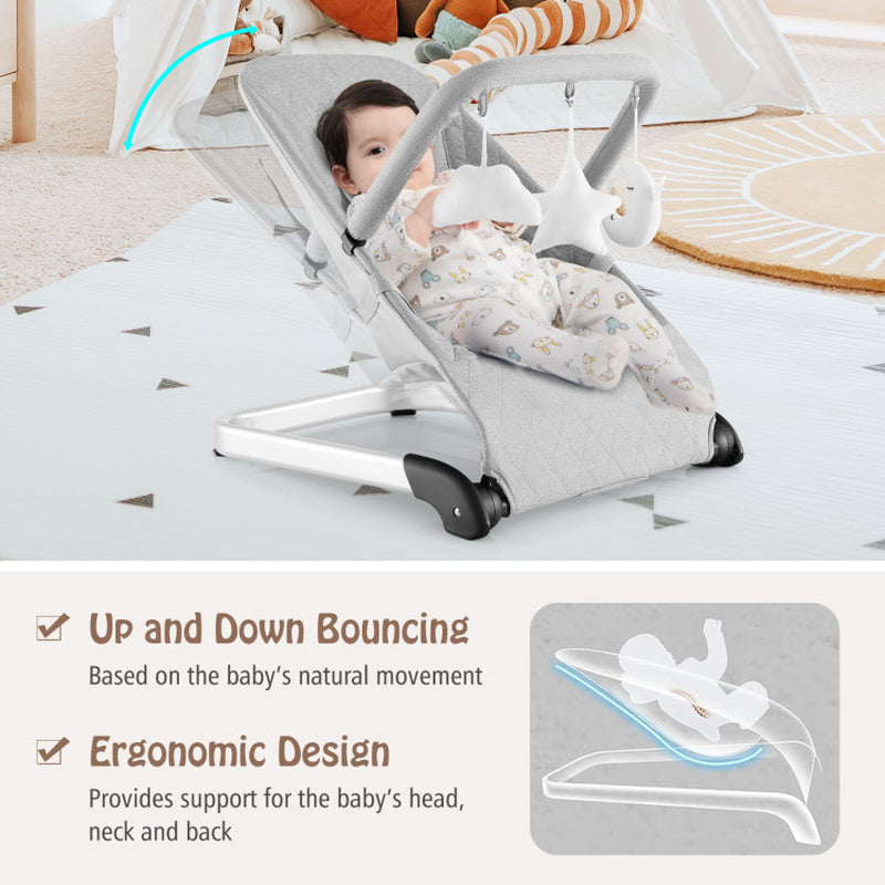 Foldable Baby Bouncer with Removable Fabric Cover and Toy Bar