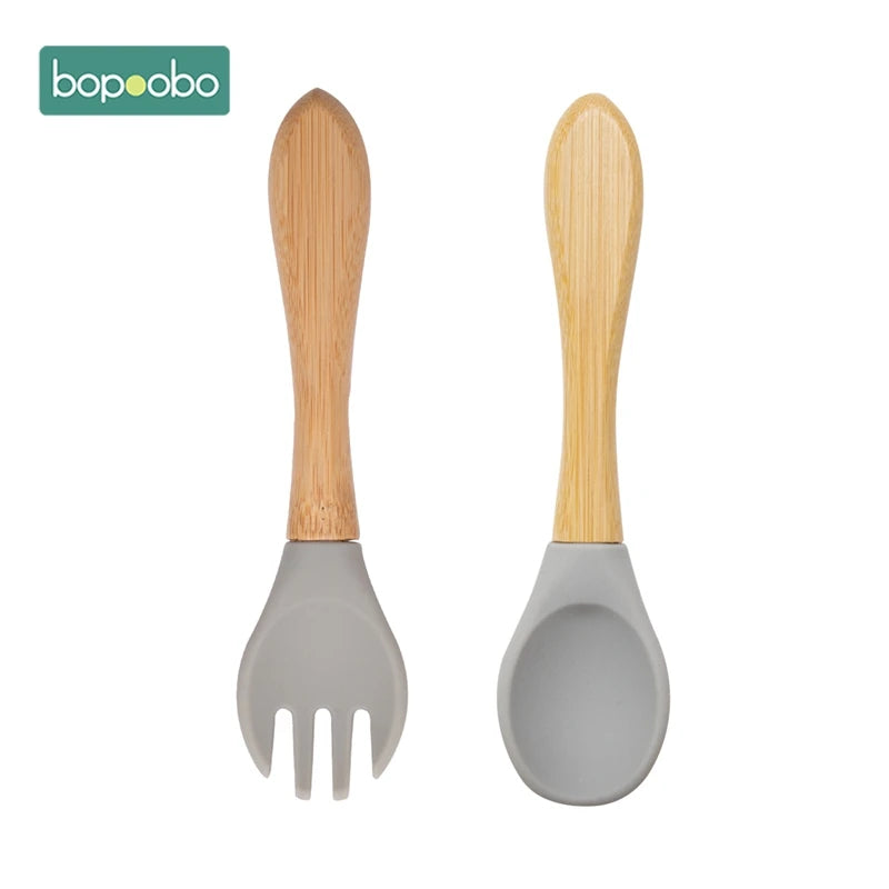 Bopoobo 2PCS Baby Bamboo Fork Silicone Wooden Baby Feeding Spoon Toddlers Infant Feeding Accessories Organic BPA Free Food Grade