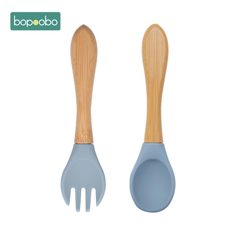 Bopoobo 2PCS Baby Bamboo Fork Silicone Wooden Baby Feeding Spoon Toddlers Infant Feeding Accessories Organic BPA Free Food Grade