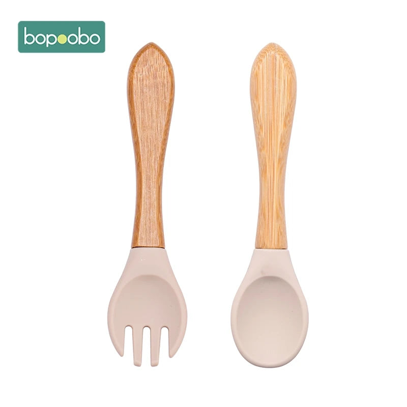 Bopoobo 2PCS Baby Bamboo Fork Silicone Wooden Baby Feeding Spoon Toddlers Infant Feeding Accessories Organic BPA Free Food Grade