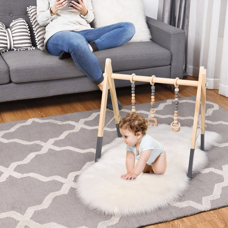 Wooden Baby Play Center with 3 Hanging Toys