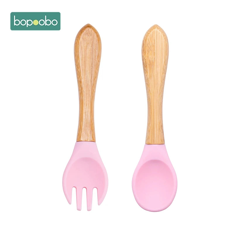 Bopoobo 2PCS Baby Bamboo Fork Silicone Wooden Baby Feeding Spoon Toddlers Infant Feeding Accessories Organic BPA Free Food Grade