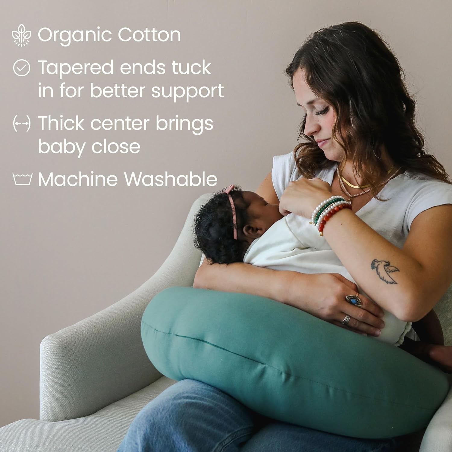 Organic Nursing Pillow | Bottle & Breastfeeding Pillow with Organic Cotton Cover & Fiberfill, Machine Washable Feeding Pillow, Newborn Essentials Must Haves (Moss)