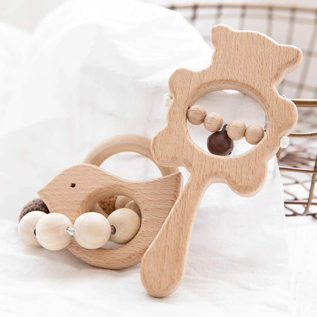 2PCS Wooden Baby Toy,Baby Teething Ring Crochet Beads and Wooden Baby Rattle Toys for Infants,Organic Eco Friendly Food Grade Montessori Babies Teether Toys