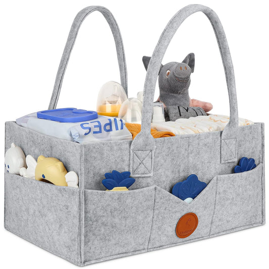 Diaper Caddy Organizer - Diaper Caddy for Baby Nursery Storage, Felt Diaper Organizer for Baby Stuff with Handle, 15" X 9" X 7" Portable Baby Basket Boy Girl Changing Table Organizer (Grey)