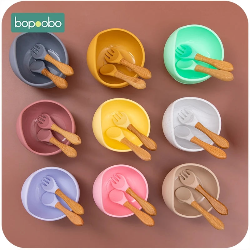 Bopoobo 2PCS Baby Bamboo Fork Silicone Wooden Baby Feeding Spoon Toddlers Infant Feeding Accessories Organic BPA Free Food Grade