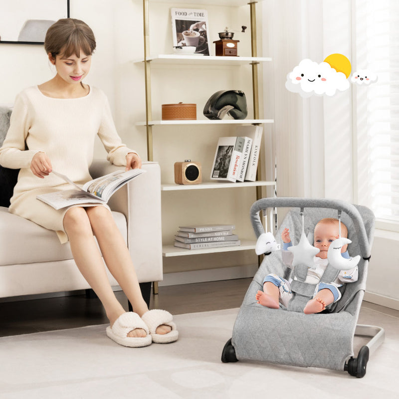 Foldable Baby Bouncer with Removable Fabric Cover and Toy Bar