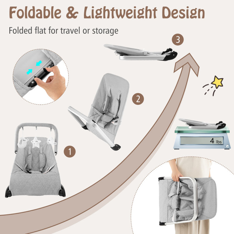 Foldable Baby Bouncer with Removable Fabric Cover and Toy Bar