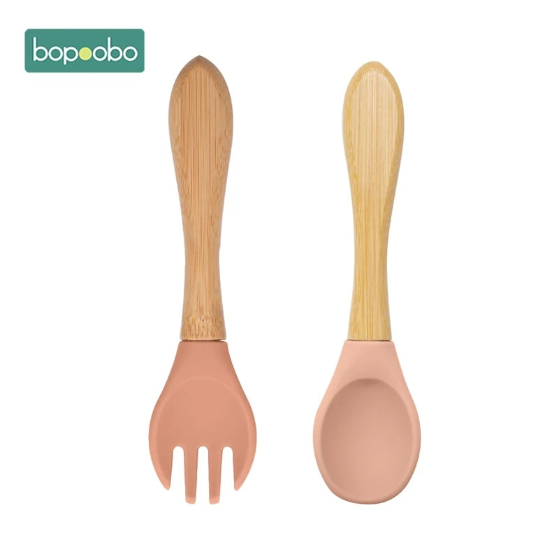 Bopoobo 2PCS Baby Bamboo Fork Silicone Wooden Baby Feeding Spoon Toddlers Infant Feeding Accessories Organic BPA Free Food Grade