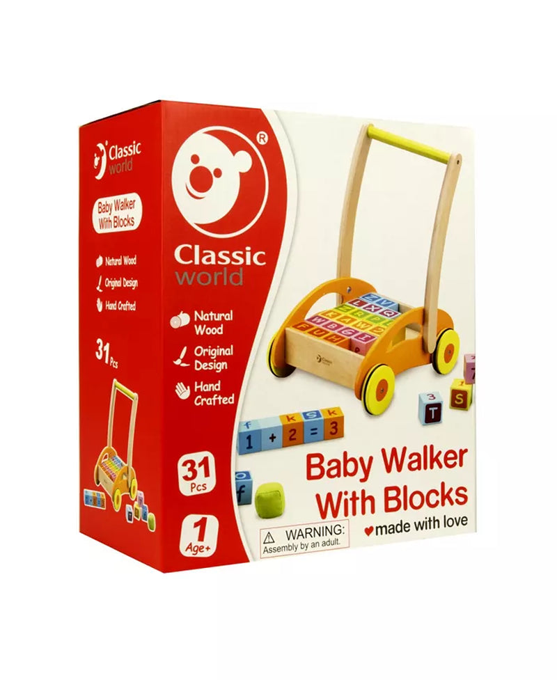 Wood Baby Walker with Blocks, 31 Piece Set