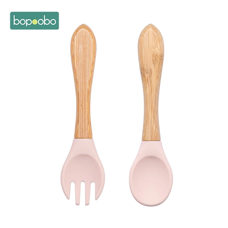 Bopoobo 2PCS Baby Bamboo Fork Silicone Wooden Baby Feeding Spoon Toddlers Infant Feeding Accessories Organic BPA Free Food Grade