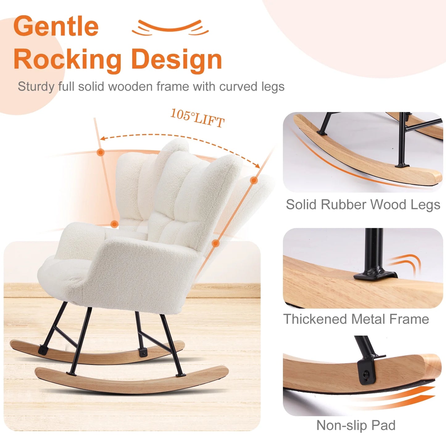 Nursery Rocking Chair, Accent Rocker Glider Side Chair with High Backrest for Nursery Living Room Bedroom Office, Beige