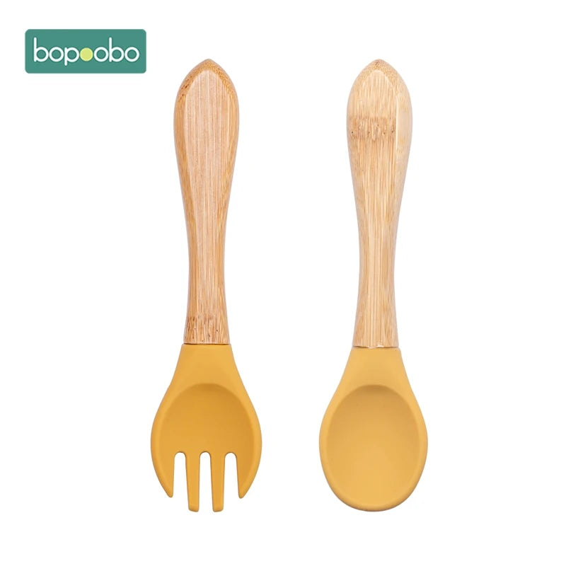 Bopoobo 2PCS Baby Bamboo Fork Silicone Wooden Baby Feeding Spoon Toddlers Infant Feeding Accessories Organic BPA Free Food Grade