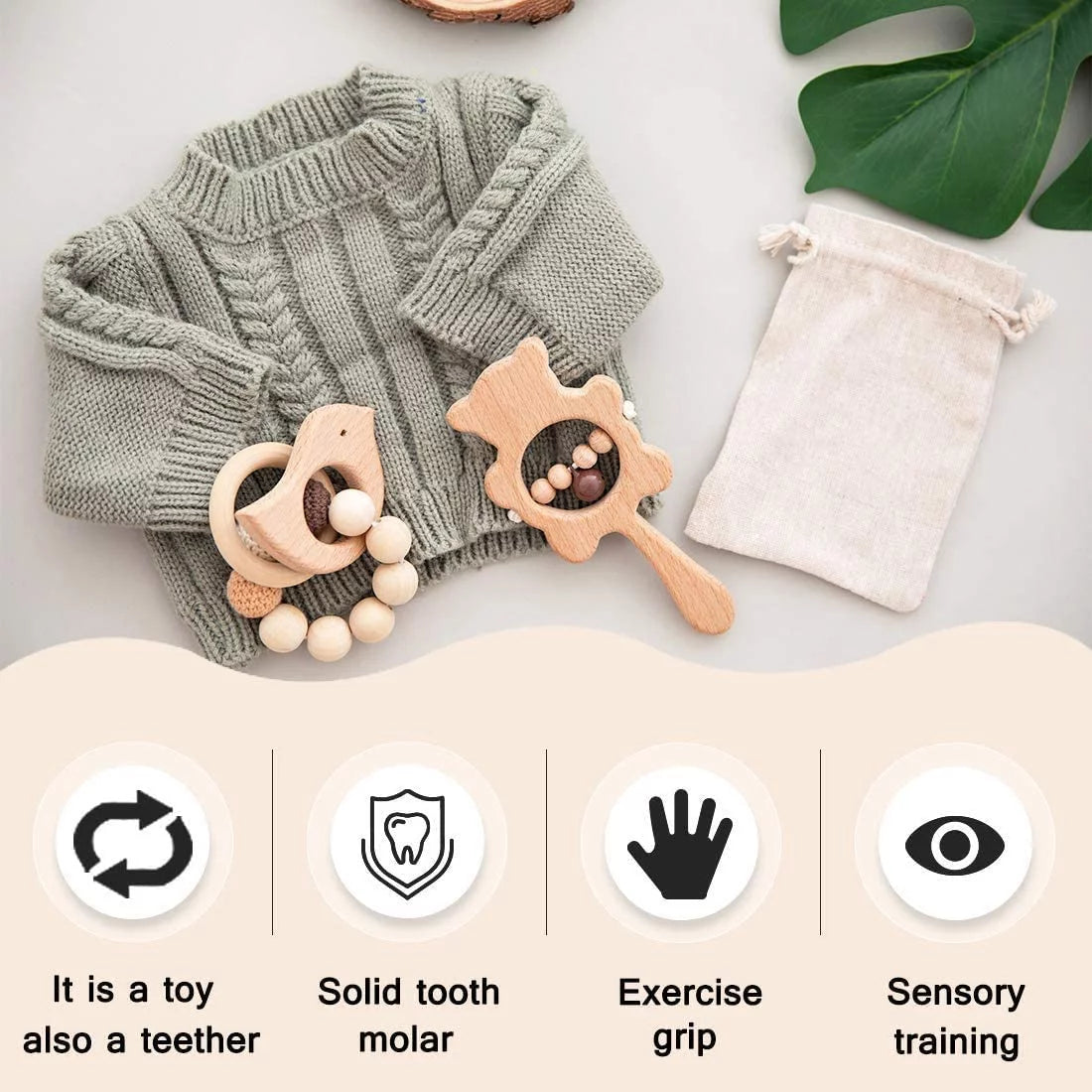 2PCS Wooden Baby Toy,Baby Teething Ring Crochet Beads and Wooden Baby Rattle Toys for Infants,Organic Eco Friendly Food Grade Montessori Babies Teether Toys