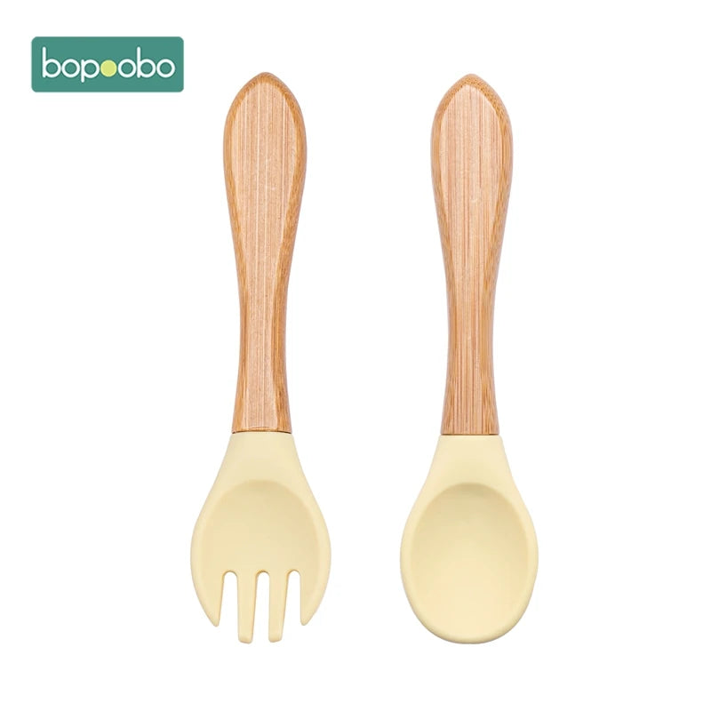 Bopoobo 2PCS Baby Bamboo Fork Silicone Wooden Baby Feeding Spoon Toddlers Infant Feeding Accessories Organic BPA Free Food Grade