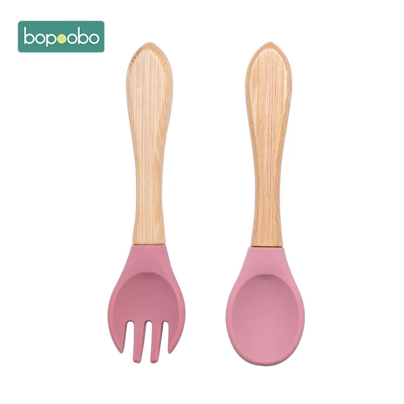 Bopoobo 2PCS Baby Bamboo Fork Silicone Wooden Baby Feeding Spoon Toddlers Infant Feeding Accessories Organic BPA Free Food Grade