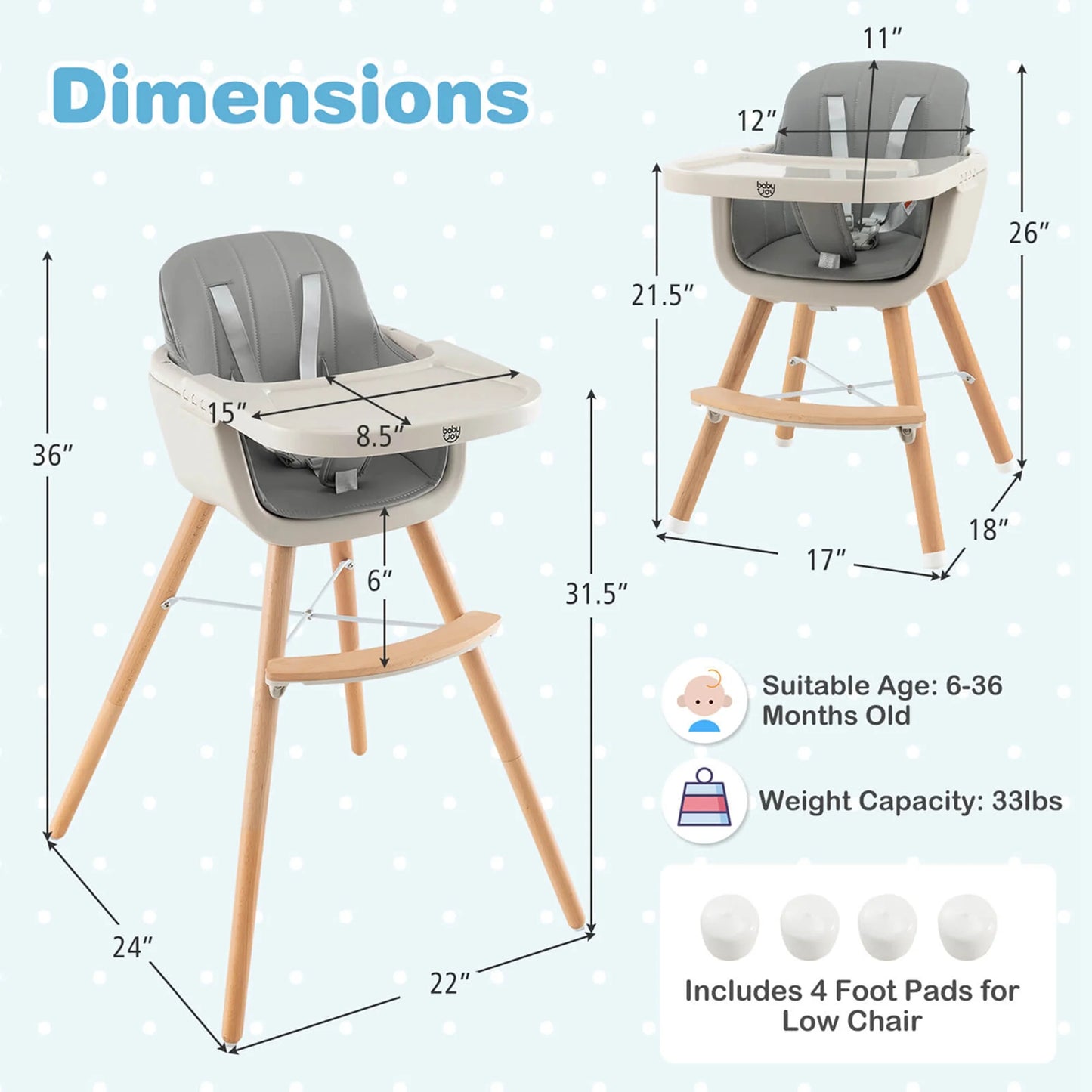 3-in-1 Convertible Wooden High Chair 