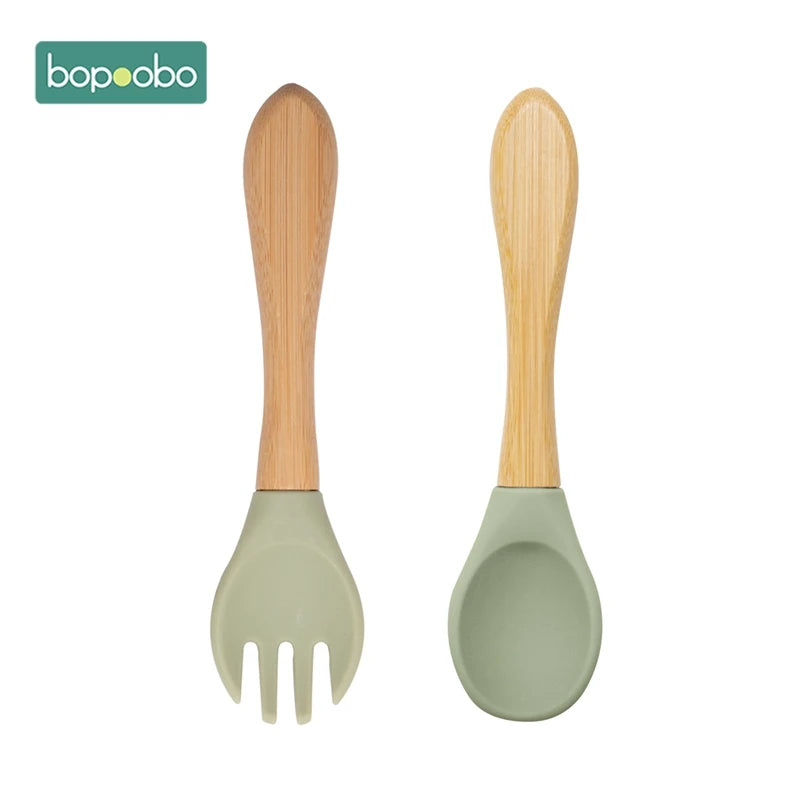 Bopoobo 2PCS Baby Bamboo Fork Silicone Wooden Baby Feeding Spoon Toddlers Infant Feeding Accessories Organic BPA Free Food Grade