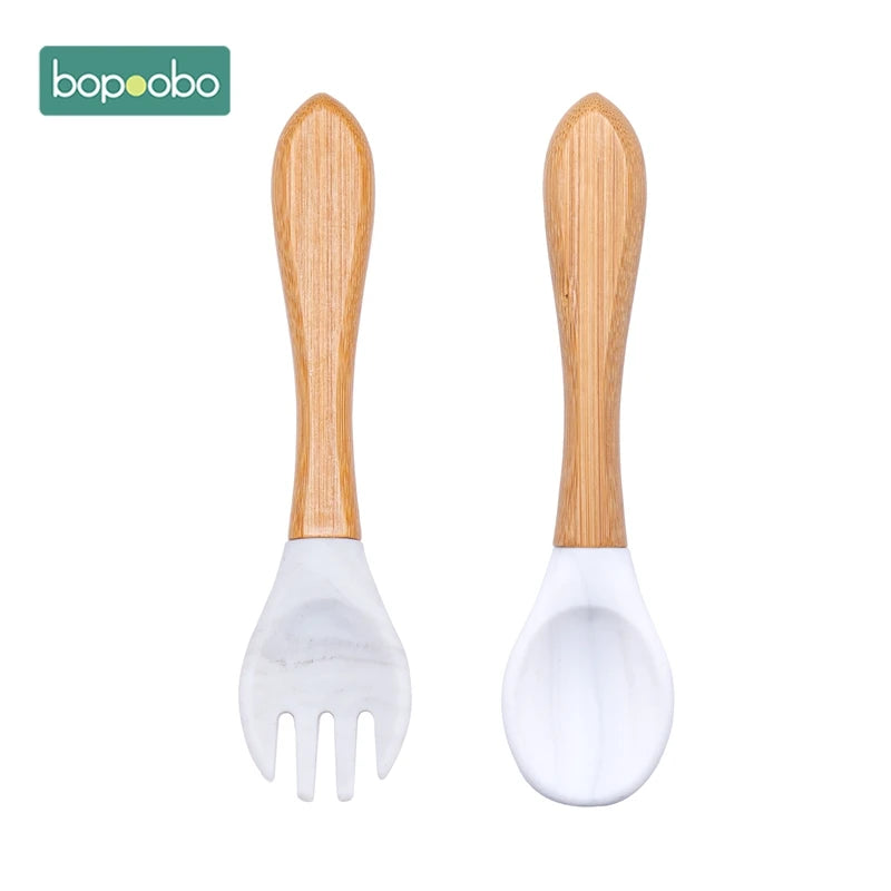 Bopoobo 2PCS Baby Bamboo Fork Silicone Wooden Baby Feeding Spoon Toddlers Infant Feeding Accessories Organic BPA Free Food Grade