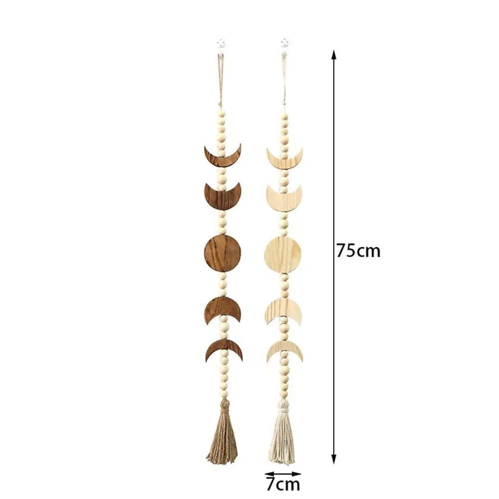 Wood Star Moon Phase Wall Hanging Boho Tassel Celestial Ornament Wood Bead Garland Living Room Wall Decor Home Decoration