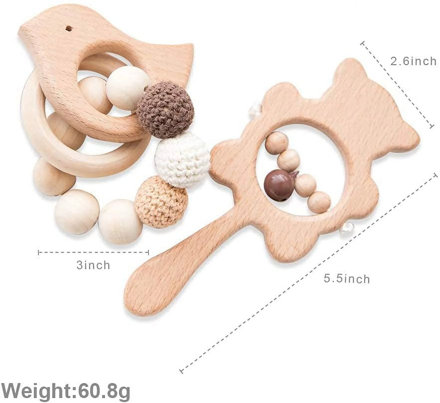 2PCS Wooden Baby Toy,Baby Teething Ring Crochet Beads and Wooden Baby Rattle Toys for Infants,Organic Eco Friendly Food Grade Montessori Babies Teether Toys