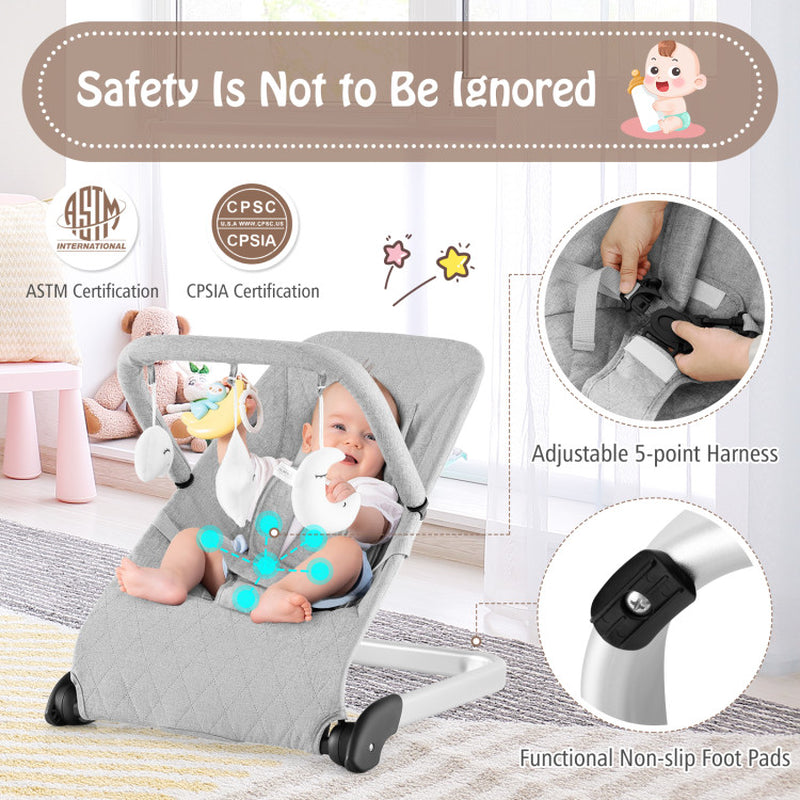 Foldable Baby Bouncer with Removable Fabric Cover and Toy Bar