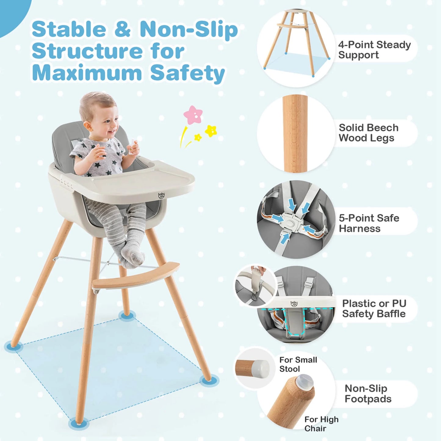 3-in-1 Convertible Wooden High Chair 