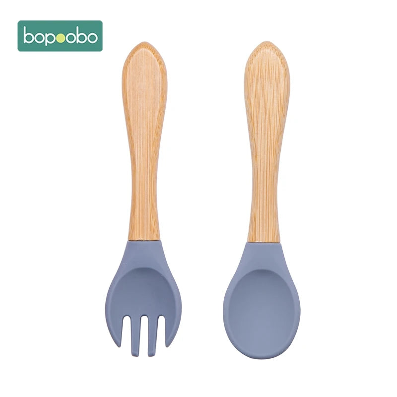 Bopoobo 2PCS Baby Bamboo Fork Silicone Wooden Baby Feeding Spoon Toddlers Infant Feeding Accessories Organic BPA Free Food Grade