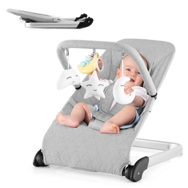 Foldable Baby Bouncer with Removable Fabric Cover and Toy Bar