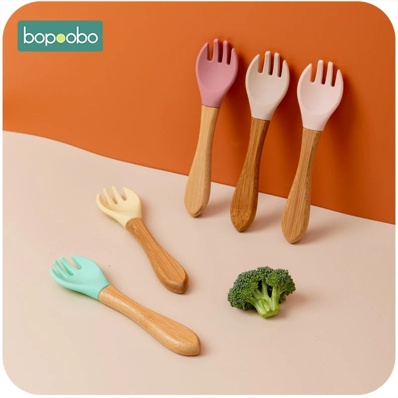 Bopoobo 2PCS Baby Bamboo Fork Silicone Wooden Baby Feeding Spoon Toddlers Infant Feeding Accessories Organic BPA Free Food Grade