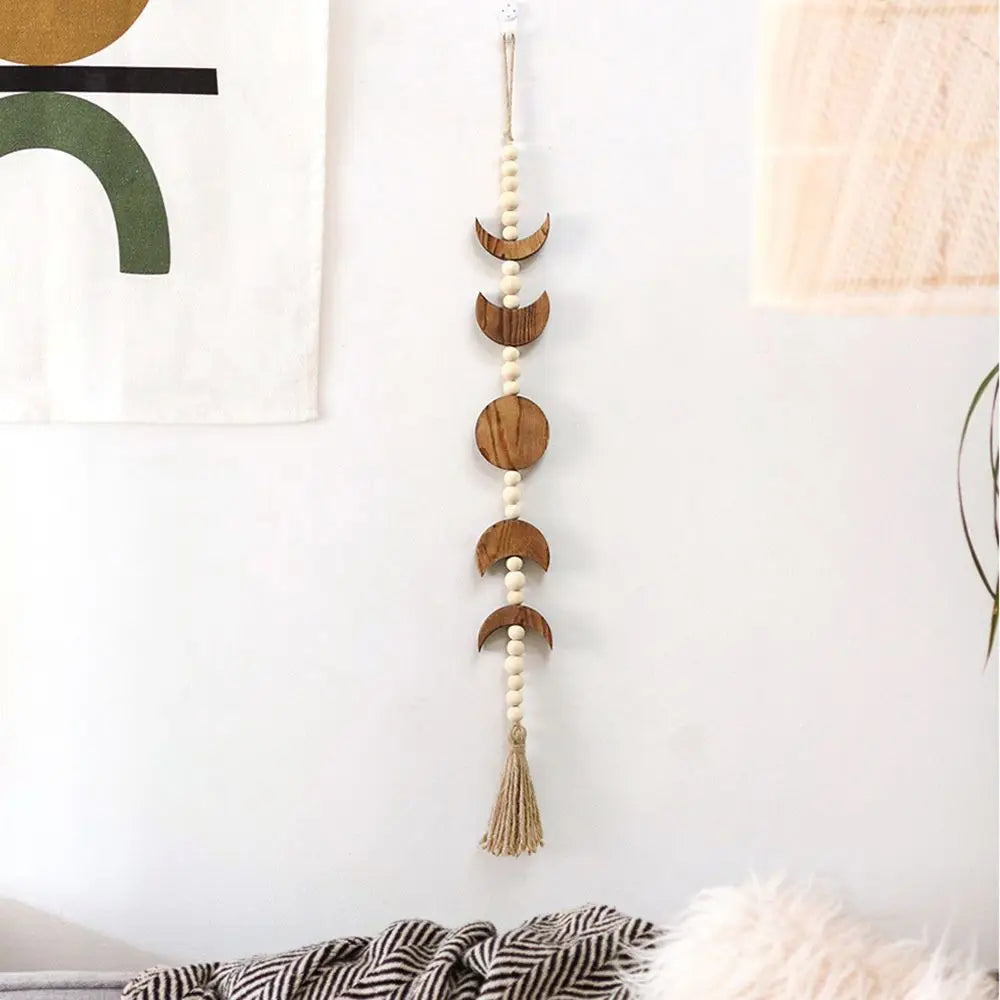 Wood Star Moon Phase Wall Hanging Boho Tassel Celestial Ornament Wood Bead Garland Living Room Wall Decor Home Decoration