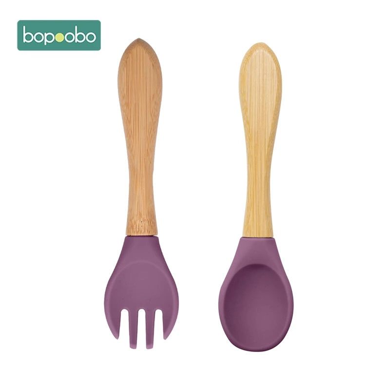 Bopoobo 2PCS Baby Bamboo Fork Silicone Wooden Baby Feeding Spoon Toddlers Infant Feeding Accessories Organic BPA Free Food Grade