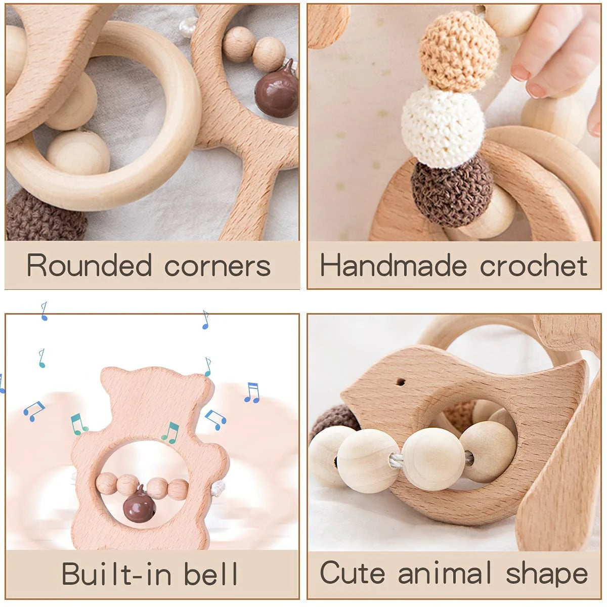 2PCS Wooden Baby Toy,Baby Teething Ring Crochet Beads and Wooden Baby Rattle Toys for Infants,Organic Eco Friendly Food Grade Montessori Babies Teether Toys