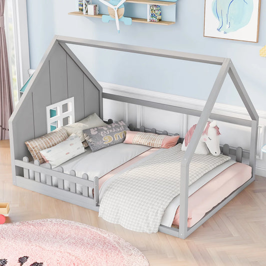 Wooden Montessori House Bed with Fence & Window