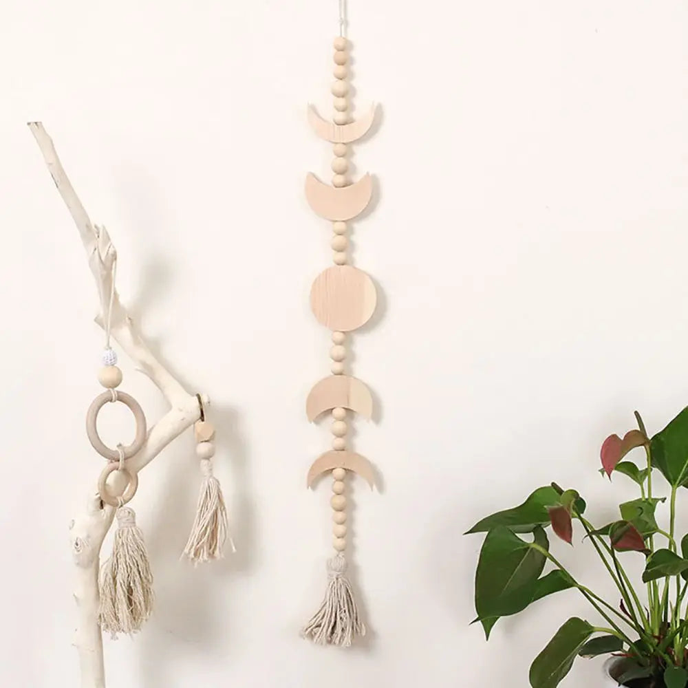 Wood Star Moon Phase Wall Hanging Boho Tassel Celestial Ornament Wood Bead Garland Living Room Wall Decor Home Decoration